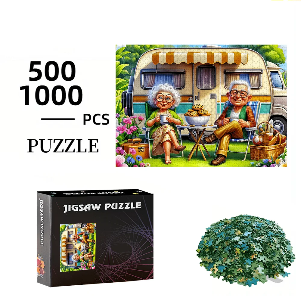 500/1000 قطعة من فان التخييم العتيق وألغاز RV مع زوجين - لعبة الصور المقطوعة لكبار السن، نشاط الترابط العائلي، حمالة الصدر التحدي #2