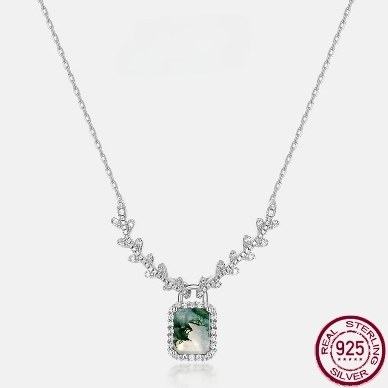 

New S925 pure silver green moss stone necklace, water grass agate necklace, light luxury wedding jewelry