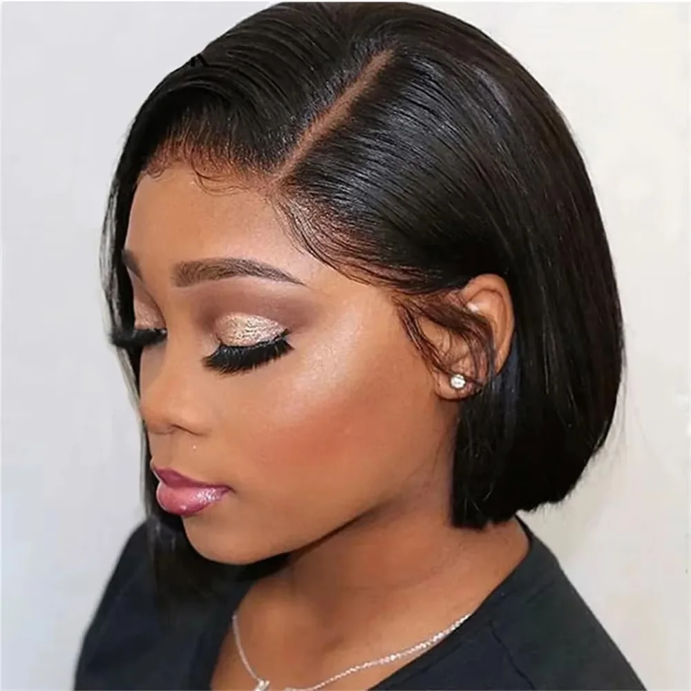 

Black Straight Bob Wig Natural Color Human Hair Lace Frontal Bob Wig 13x4 Lace Short Bob Wigs 14 Inch 200 Density For Women
