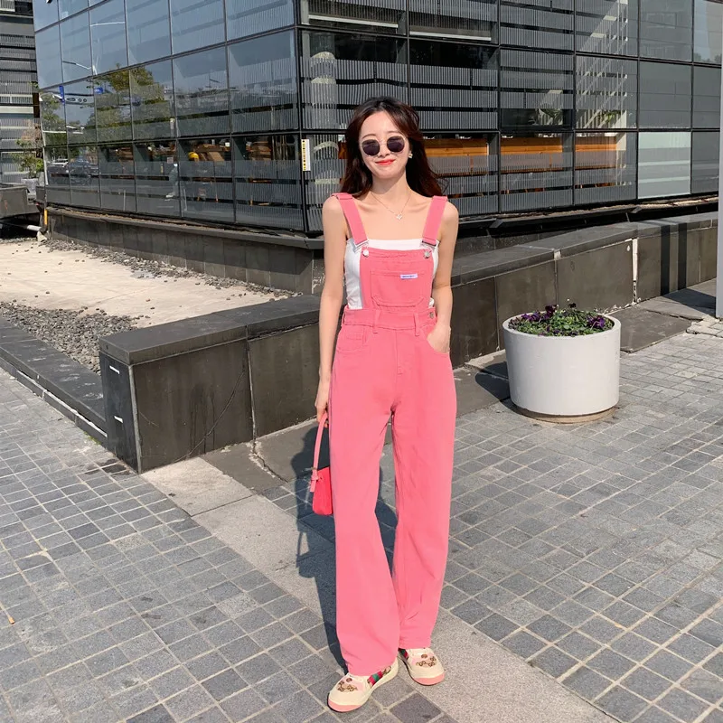 rompers for women Pink Overalls Suspenders Jeans Women's Summer High Waist Loose Wide Leg Long Trousers Female