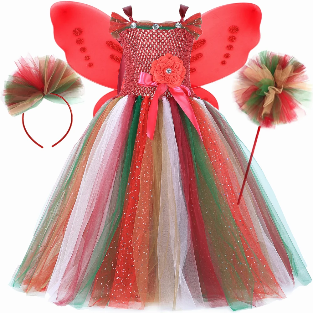 Sparkly Fall Woodland Fairy Costume for Girls Birthday Party Tutu Dress Kids Forest Fairyland Tulle Princess Dress with Wings
