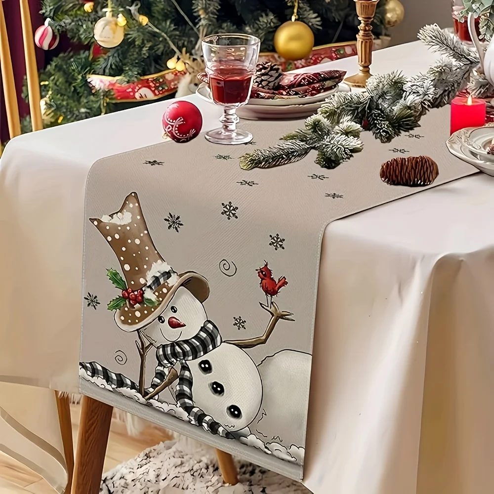 Christmas Snowman Cardinal Bird Table Runner Party Decor Washable Winter Xmas Kitchen Dining Table Runner Christmas Decorations