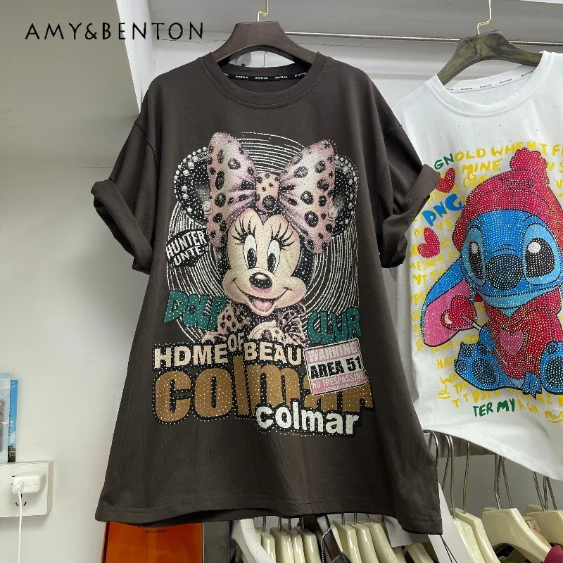 

Модная свободная футболка с короткими рукавами, топ, повседневные футболки Y2k Kawaii, осень 2023, новые футболки с леопардовым принтом для тяжелой промышленности и стразами