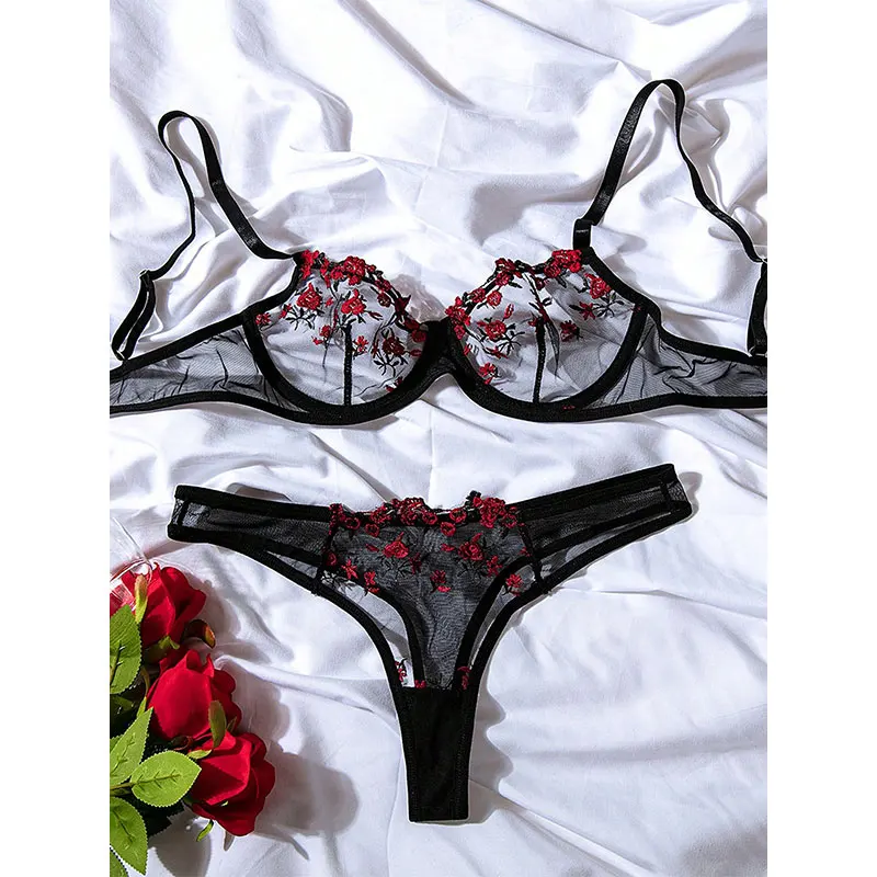 Woman 2 Pieces Black Daily Lingerie Sexy Floral Embroidery Underwear Transparent Lace Short Skin Care Kits Delicate Fairy Set