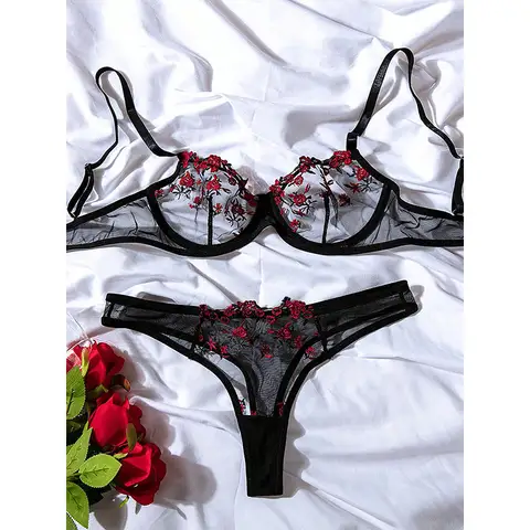 Woman 2 Pieces Black Daily Lingerie Sexy Floral Embroidery Underwear Transparent Lace Short Skin Care Kits Delicate Fairy Set
