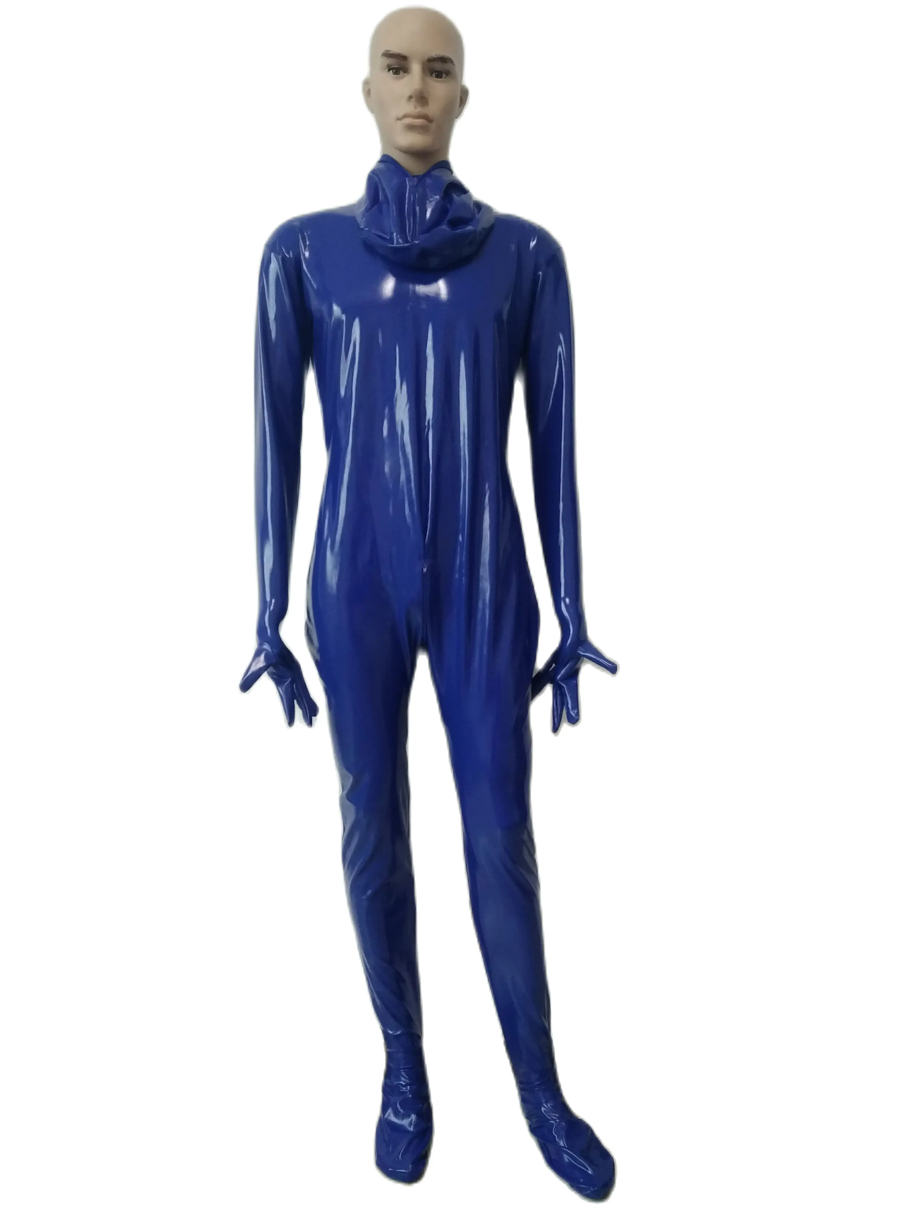 Unisex sexy Full Body Blue Shiny PVC Faux Leather Suit Open Eyes And Mouth Fancy Dress Zentai Suit 3-way zipper to front crotch