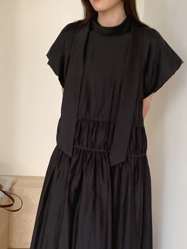 

Chic Summer Soft Wind Stand Collar Ba Bow Knot Loose Pleated Design Dr Women's Faionable Ele Single Piece Pure Color