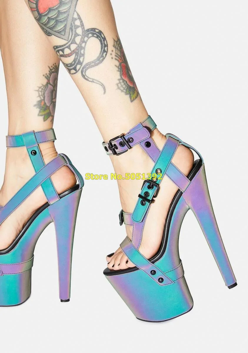 Reflective X Bondage Platform Heels Buckle Hardware Adjustable Straps Open Toe Super High Heel Buckle Strappy Sandals