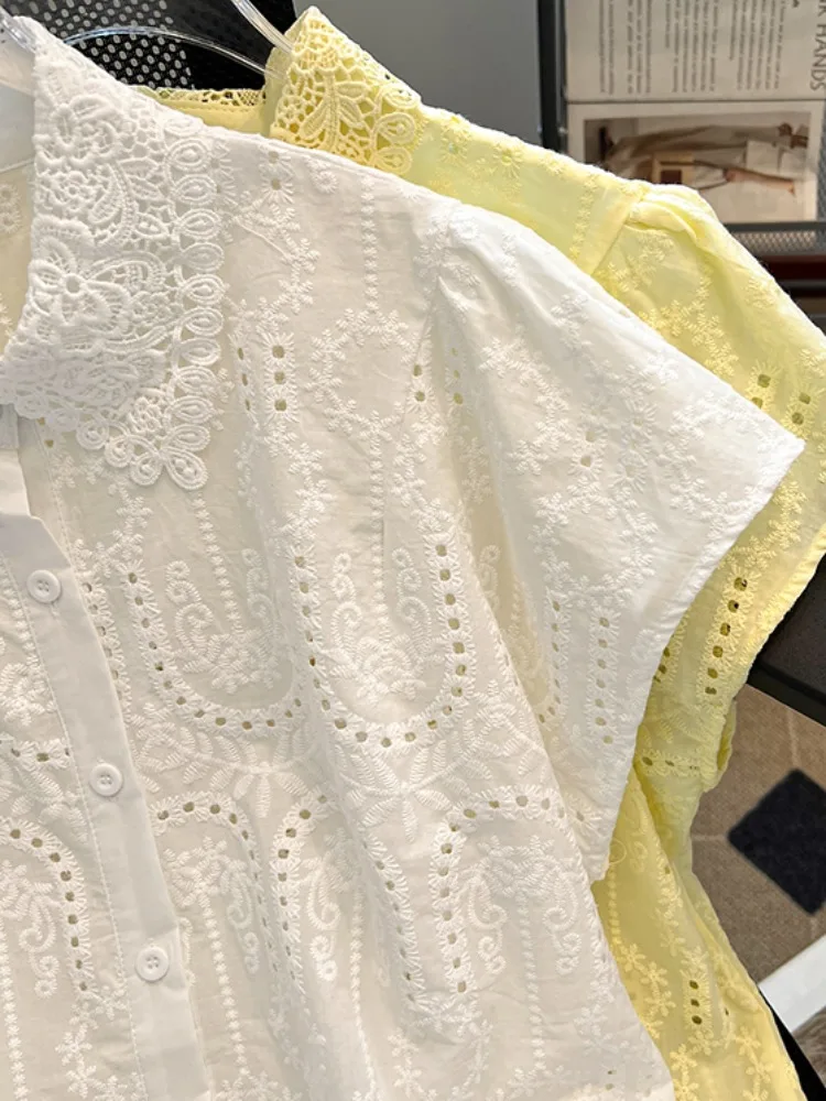 Ele dentelle brodée évider ort Sve irt femmes été Unique coupe ample Sve haut coréen Sle