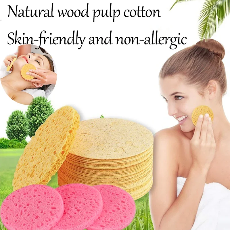 50PCS Round Wood Pulp Soft Cleansing and Exfoliating Facials Compressed Sponge Face Puff Suitable for Home Use or Travel