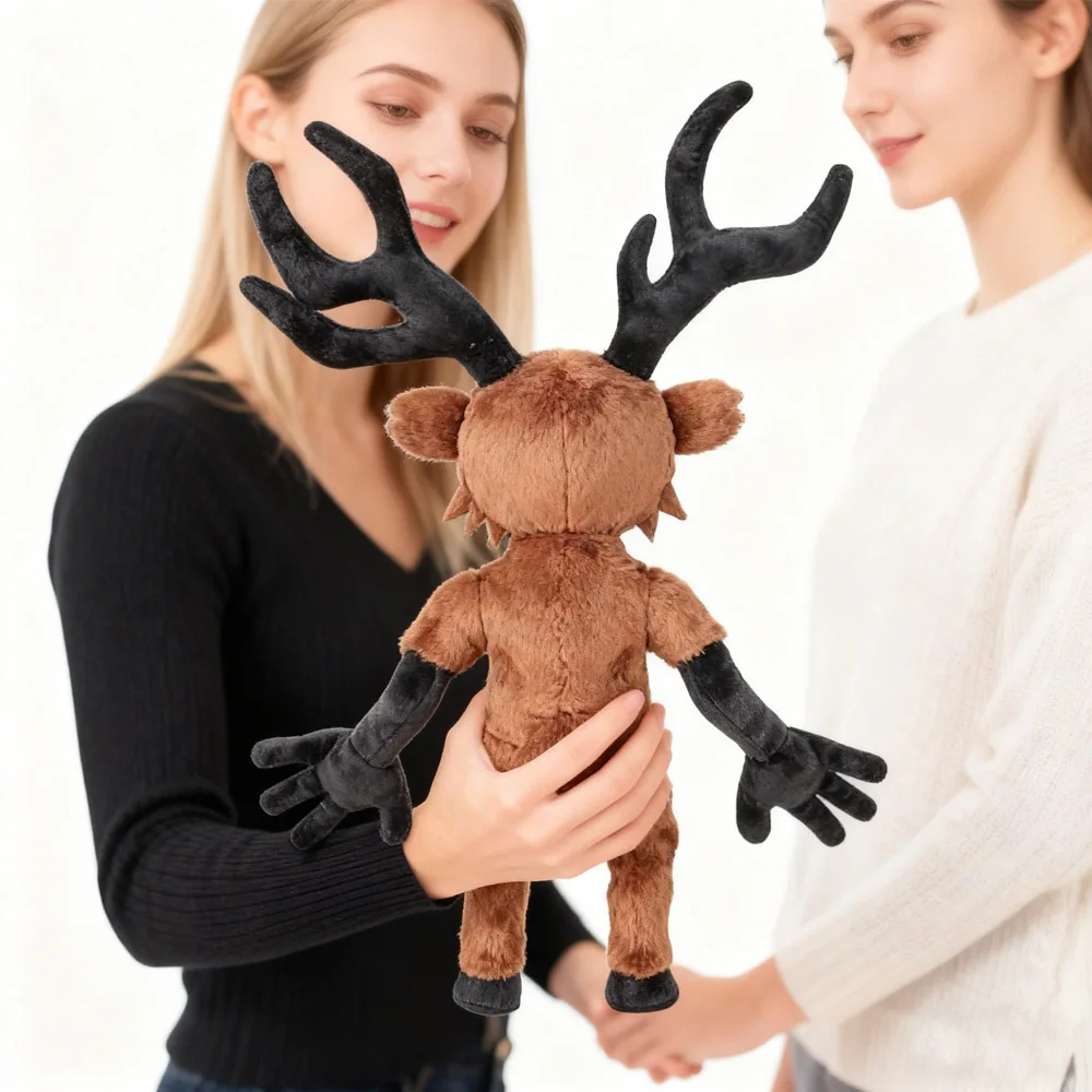 Juguete de peluche de ciervo de peluche: súper suave, huggable con grandes ojos expresivos, astas negras detalladas, cuerpo marrón y extremidades negras