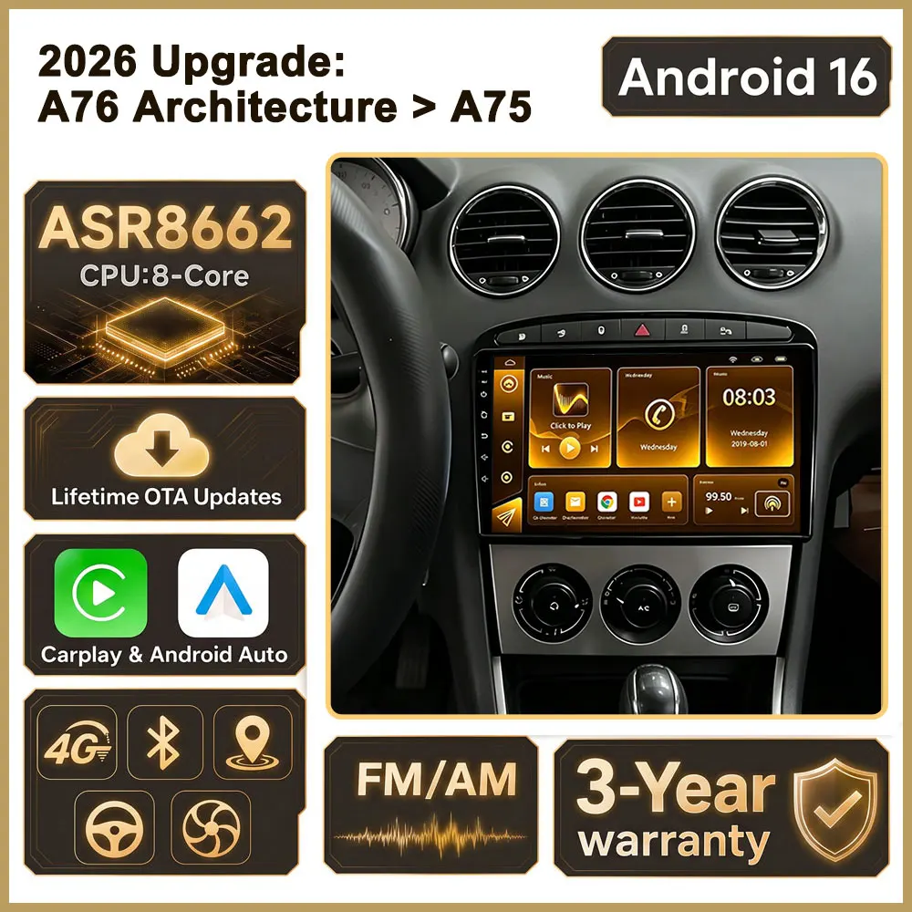 Cortex-A76 Octa-Core Android 16 For Peugeot 408 1 2012 - 2020 For Peugeot 308 1 T7 2007 - 2015 Car Radio GPS Multimedia Player