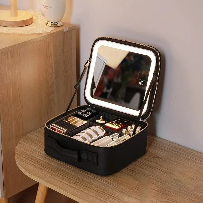 Large-capacity Cosmetic Bag with Light, Full-screen Mirror, Portable Travel Cosmetic Storage Bag Storage Box