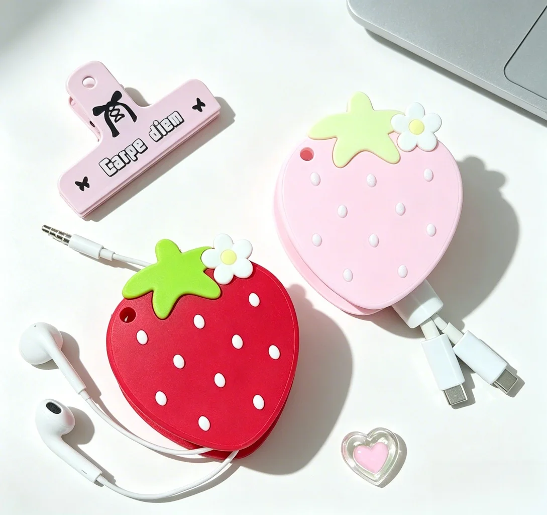 Strawberry 3D Printed Cable Winder, Cute Cord Organizer Storage for Wired Earphones, Portable Earbud Case Accessories