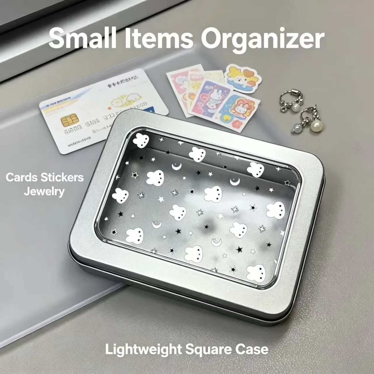 Miffy Bunny Storage Box Cute Rabbit Star Pattern Clear Lid Organizer Silver Square Case for Cards Stickers Jewelry Small Items