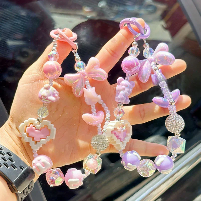 Anti Loss Mobile Phone Strap Wrist Chain Building Blocks Love Bow Beaded Pendant Keychain Bag Hangings Decoration