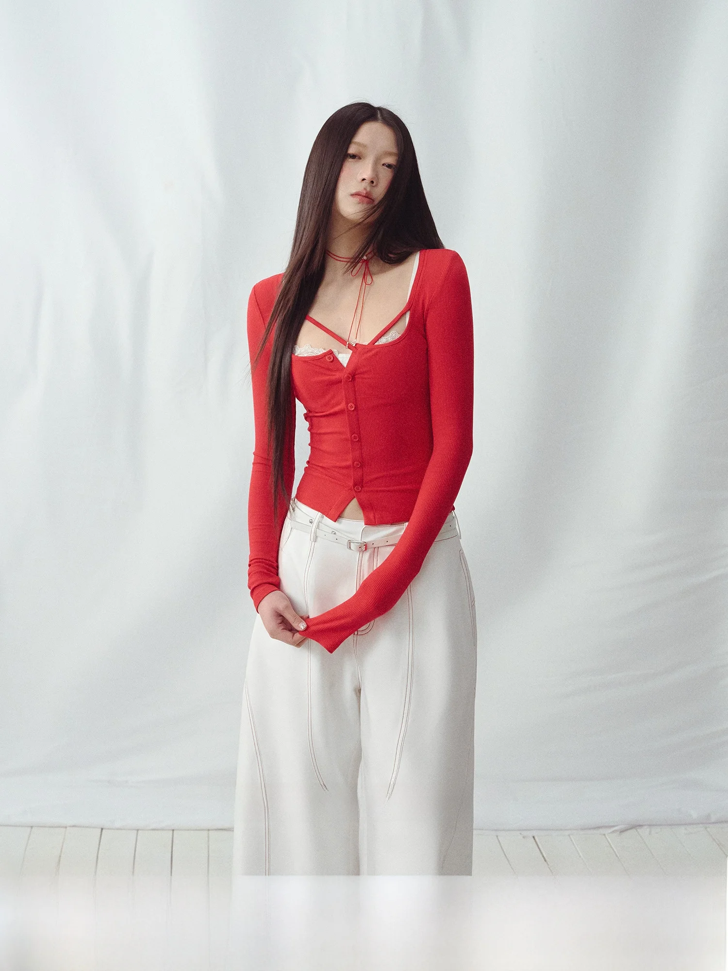 

Slim Fit Trendy Red T-irt Ladies Summer Casual Basic irt Korean Sle Long Sved Top by Lalune Du Ciel