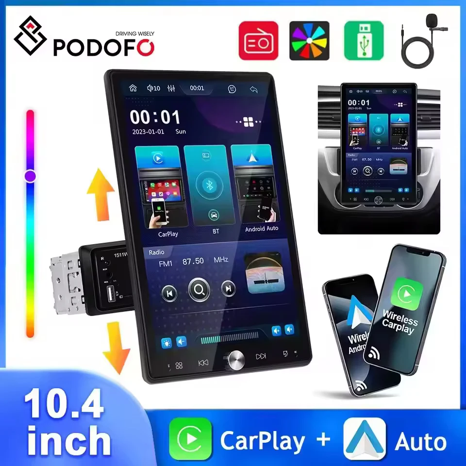 

Podofo 10.4'' Car MP5 Player Vertical Screen Multimedia Player Wireless Carplay Android Auto FM/RDS BT Mirror Link Car Stereo