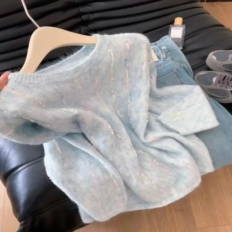 

Нежный и ленивый стильный звездно-синий пуловер с круглым вырезом для женщин, зимний мягкий, приятный для кожи цветной полосатый свитер для поездок на работу