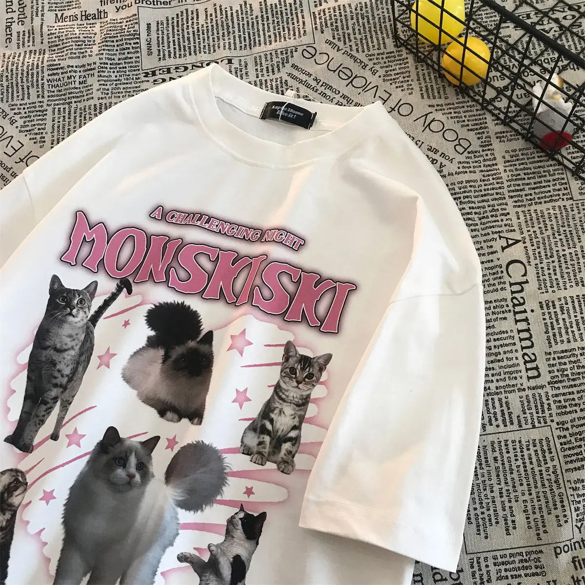 Camiseta con estampado de gato para mujer, camiseta de manga corta estética, ropa de calle holgada de gran tamaño, Top coreano para mujer