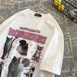 Women Cat Graphic Printing Tee Aesthetic Short-sleeved T-shirt Women Summer Streetwear Loose Oversize Korean Top T-shirt Lady