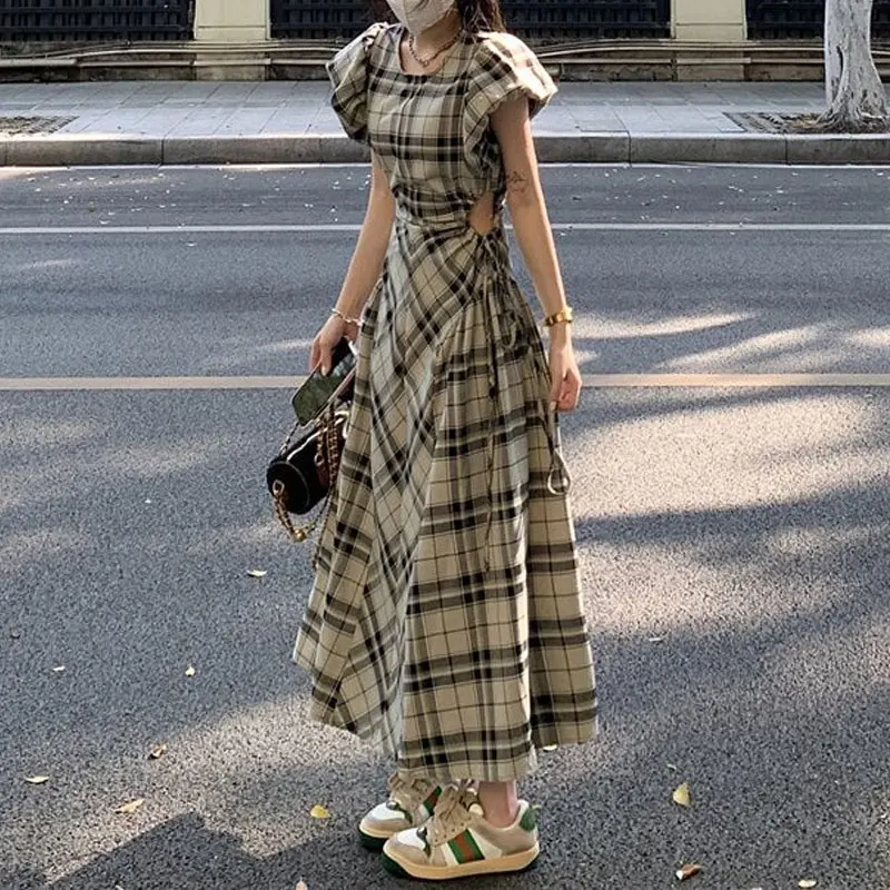 Vintage Plaid Aura Waist Long Dress Summer French Style A-Line Female Clothing Short Sleeve Stylish Cut Out Drawstring Dresses