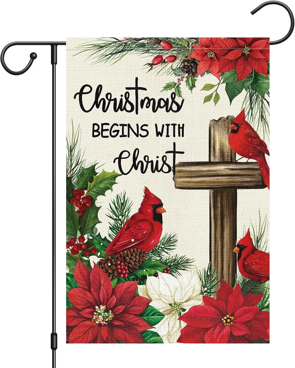 Heyfibro Cardinal Christmas Flowers Poinsettia Garden Flag 12x18 Inch Double Sided Burlap, Christmas Begins with Christ Winter C