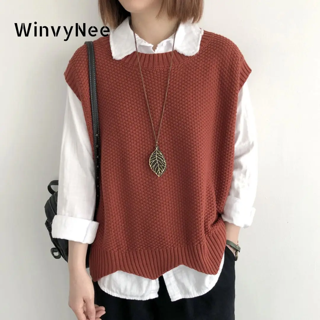 WinvyNee Women's Knitted Vest Clothing Cotton O Neck Tank Casual Outerwears Vintage Ladies Warm Tops Casual Sweaters C1002010A