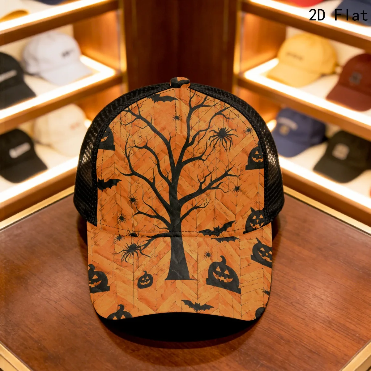 2D Flat Mesh Cap with Black Bat Print - Lightweight Half- Visor Hat, Round Top with Brim, Buckle Closure for Halloween