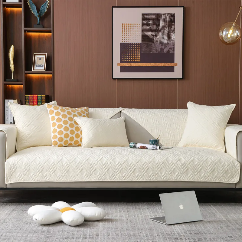 Cotton Quilted Sofa Cushion Solid Color Non-slip Couch Cover Breathable Anti-scratch All Season Universal Washable Sofa Pad