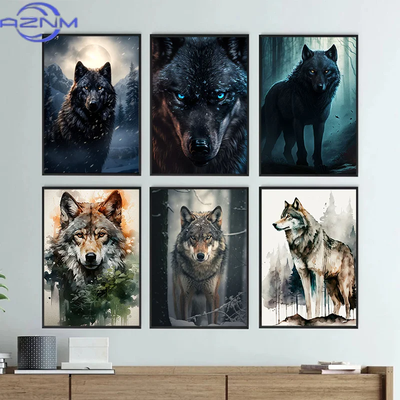 Black Wolf Painting Canvas Poster Wild Animals Predator Wall Art Pictures for Living Room Bedroom Bar Modern Home Decor Gift
