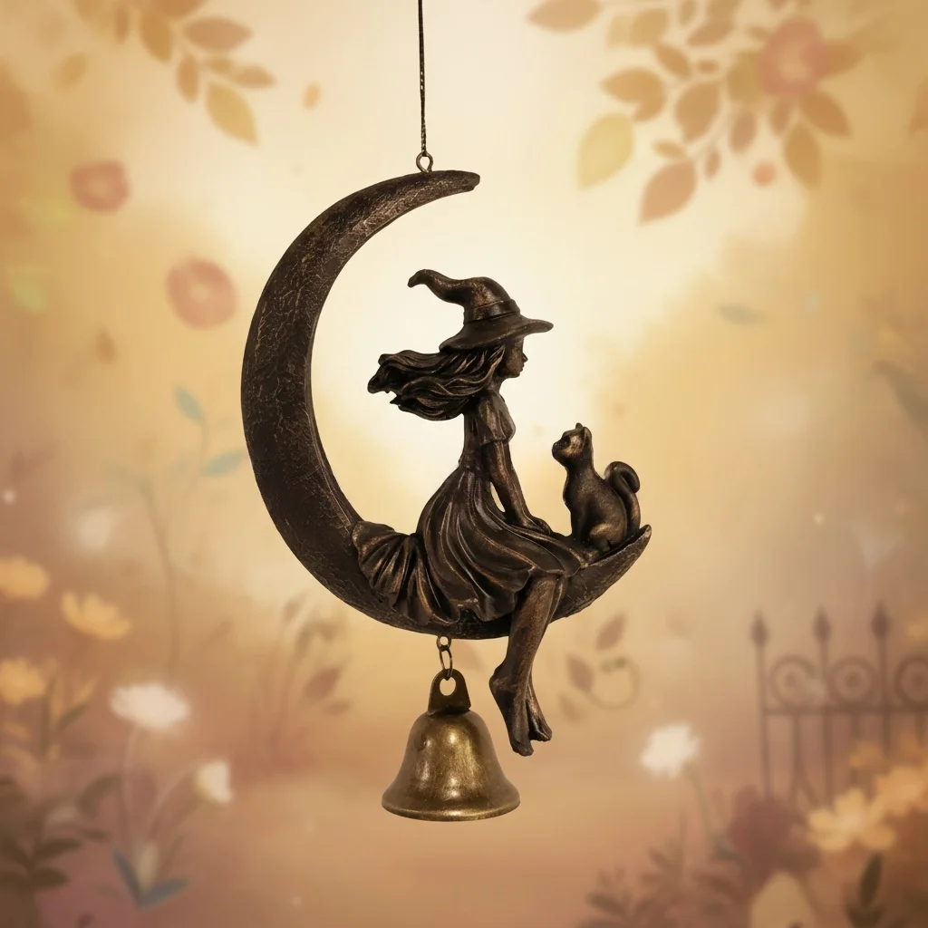 ساحرة الرياح الرنين هالوين الساحرة القطة السوداء القمر الرياح الرنين لحديقة فناء ديكور المعادن معلقة جرس زخرفة مع القط للحديقة #6
