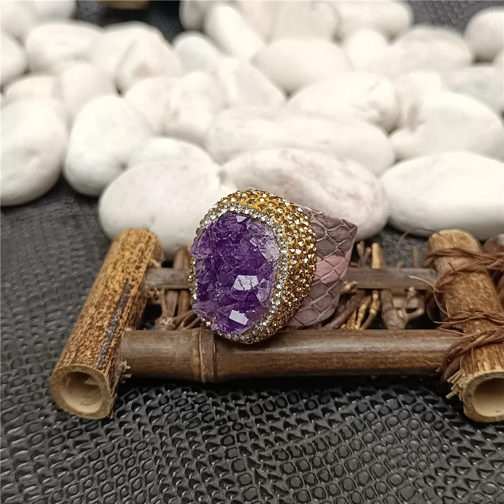 Natural Amethyst Surrounded Rhinestone Leather Ring Ladies Personality European and American Exaggerated Trend Jewelry