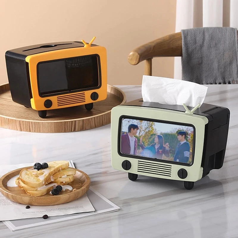 

Creative TV Tissue Box Holder with Mobile Phone Slot 2-in-1 Tissue Box Napkin Holder Mobile Phone Cotton Swab Toothpick Holder