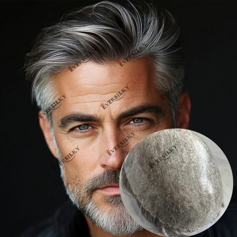 European 1b80 Grey Soft Wavy Black Brown Blonde Human Hair Toupee Durable 0.1mm Thin Skin Injection PU Base for Bald Male Patch