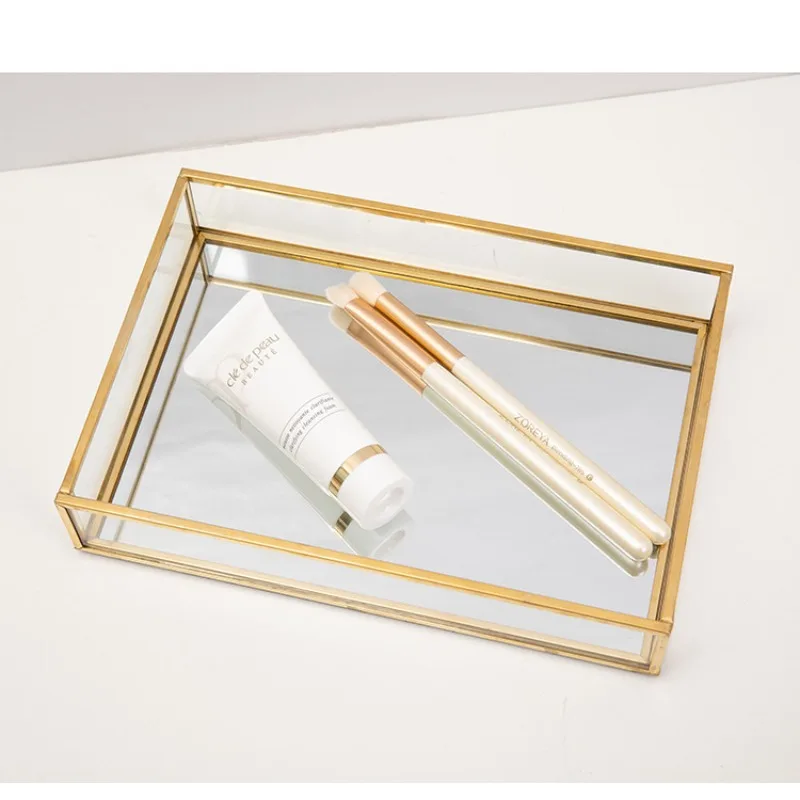 

Европейский современный золотой стеклянный поднос-органайзер для косметики, настольный декор для туалетного столика, для домашнего использования