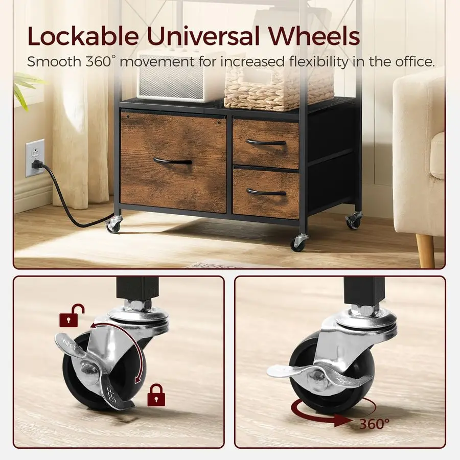 

File Cabinet with Charging Station, 3 Drawer Lateral Filing Cabinet for Home Office, Mobile Printer Stand with Open Shelf, Fits