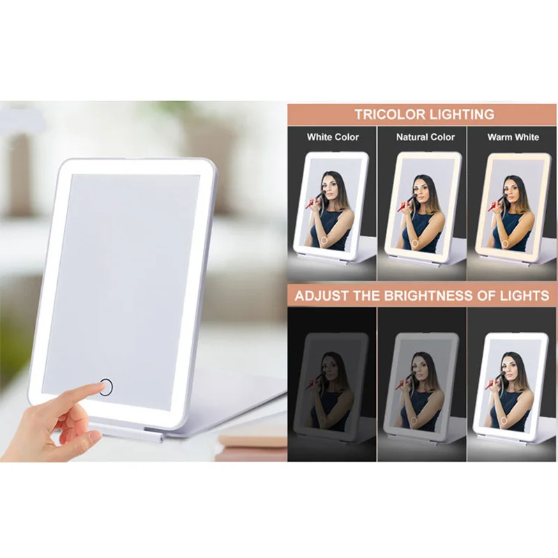 

LED Foldable Travel Makeup Mirror 3 Colors Light Modes USB Rechargeable Touch Screen Portable Tabletop Cosmetic Mirror Handheld