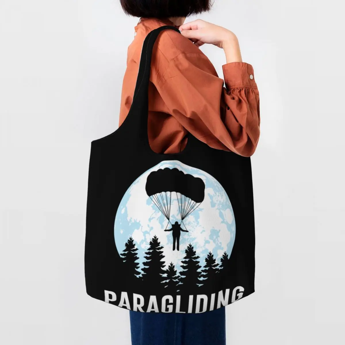 Moon Paragliding Shopping Tote Bags Paraglider Skydiving skydivers Sky Jumping Parachute Grocery Canvas Shopper Shoulder Bags