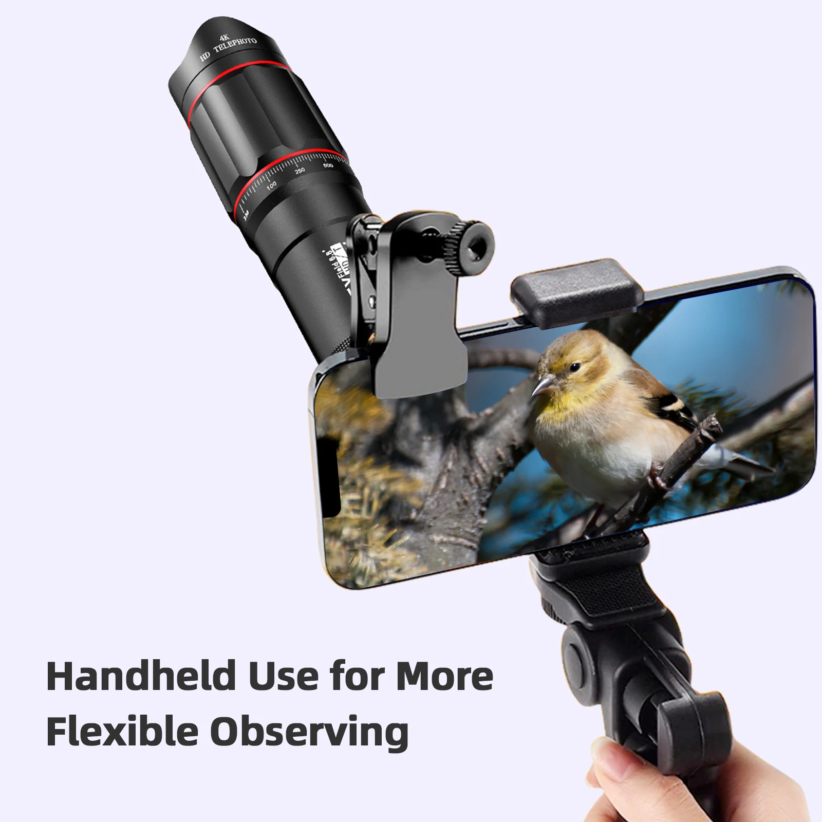

25X Phone Telephoto Lens Kit with Phone Clip Phone Holder Cleaning Cloth Mini Tripod Stand for Hiking Camping Wildlife