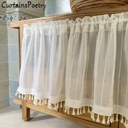 Cabinet Short Sheer Curtains, Half Window Valance with Tassels Rod Pocket Partition for Cafe Kitchen Bathroom Living Room Doorwa
