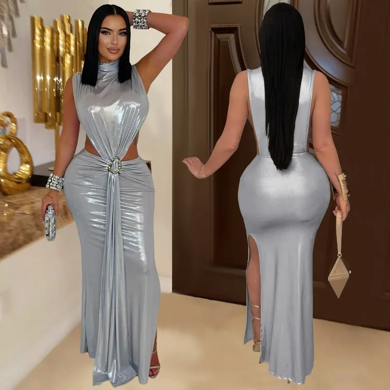 Leosoxs Women Gilding Sleeveless Cutout Bodycon Maxi Long Dress 2025 Summer Beach Vacation Party Birthday Sexy Dresses