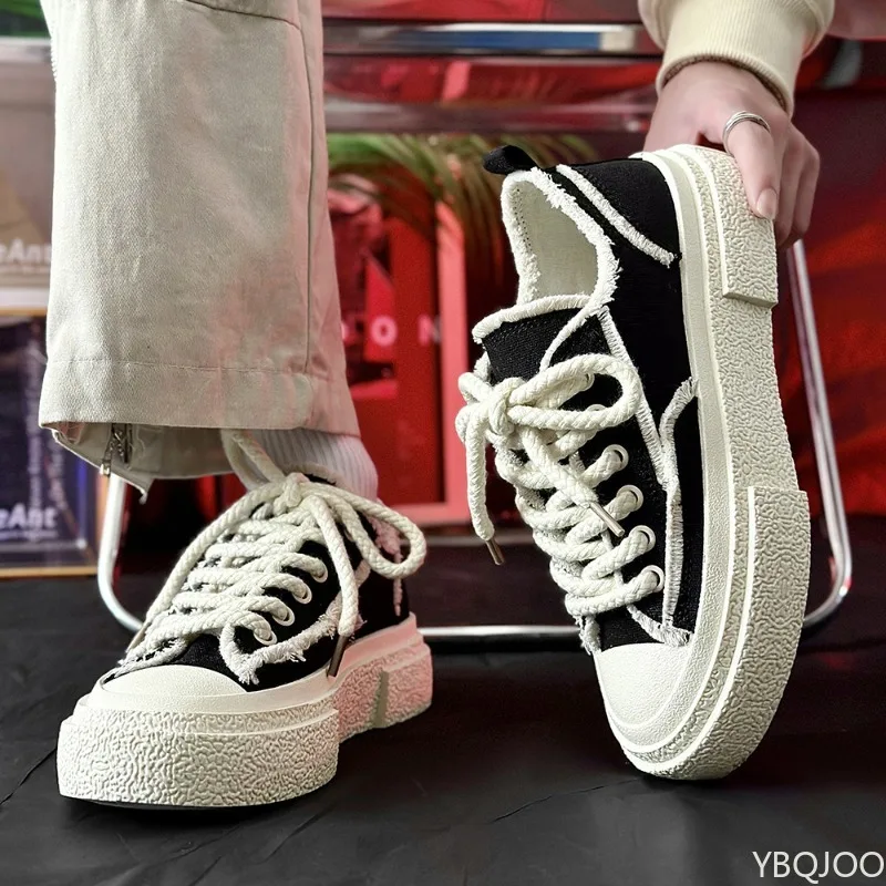 Color Blocked Thick Sole Height Increasing Wear-resistant Versatile Men's Shoes with Lace Up Round Toe Casual Men's Board Shoes