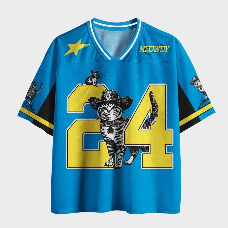 Unisex Meowdy Cowboy Cat Football Jersey Western Kitten Mouse Print Number 24 V-Neck Short Sleeve Street Sports Tee