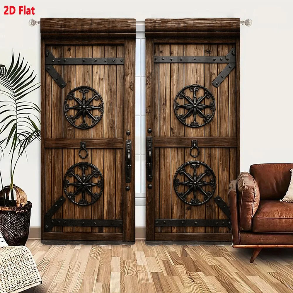 2Pcs Curtains 2D Flat Ornate Double Wooden Doors Rustic Medieval Aesthetic With Heavy Dark Metal Hardware And Circular Iron Meda