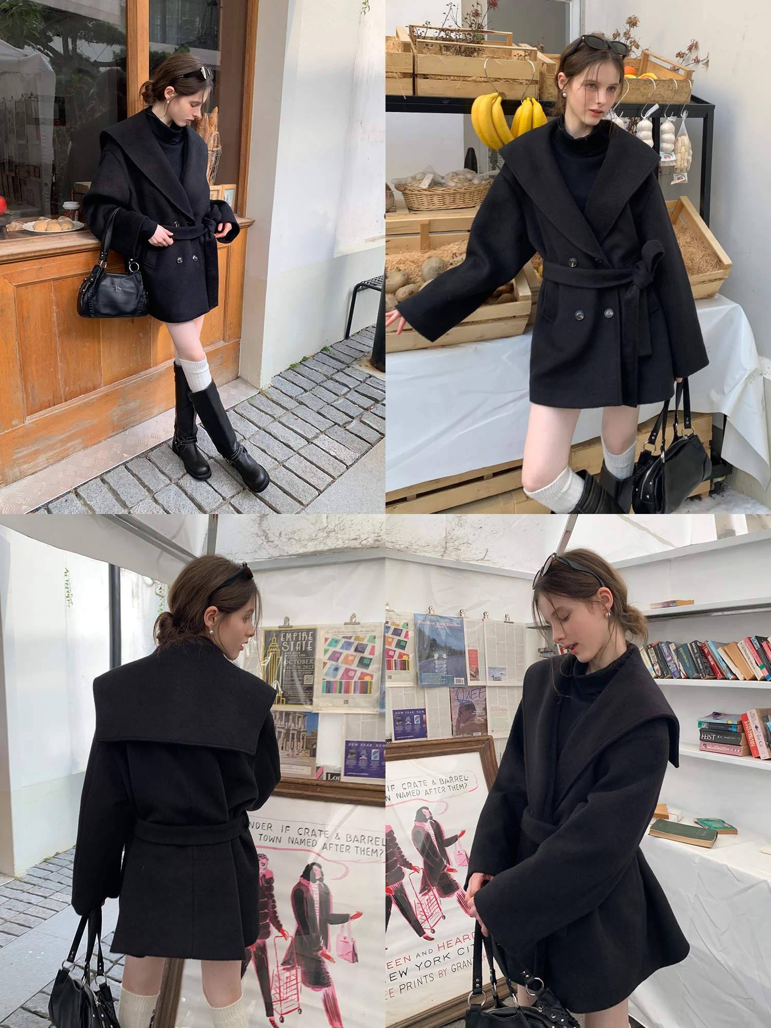 Eggka Woolen Cotton Blend Black Long Coat Loose Fit High Waist French Style Women's Fashion Outerwear Polyester Fiber