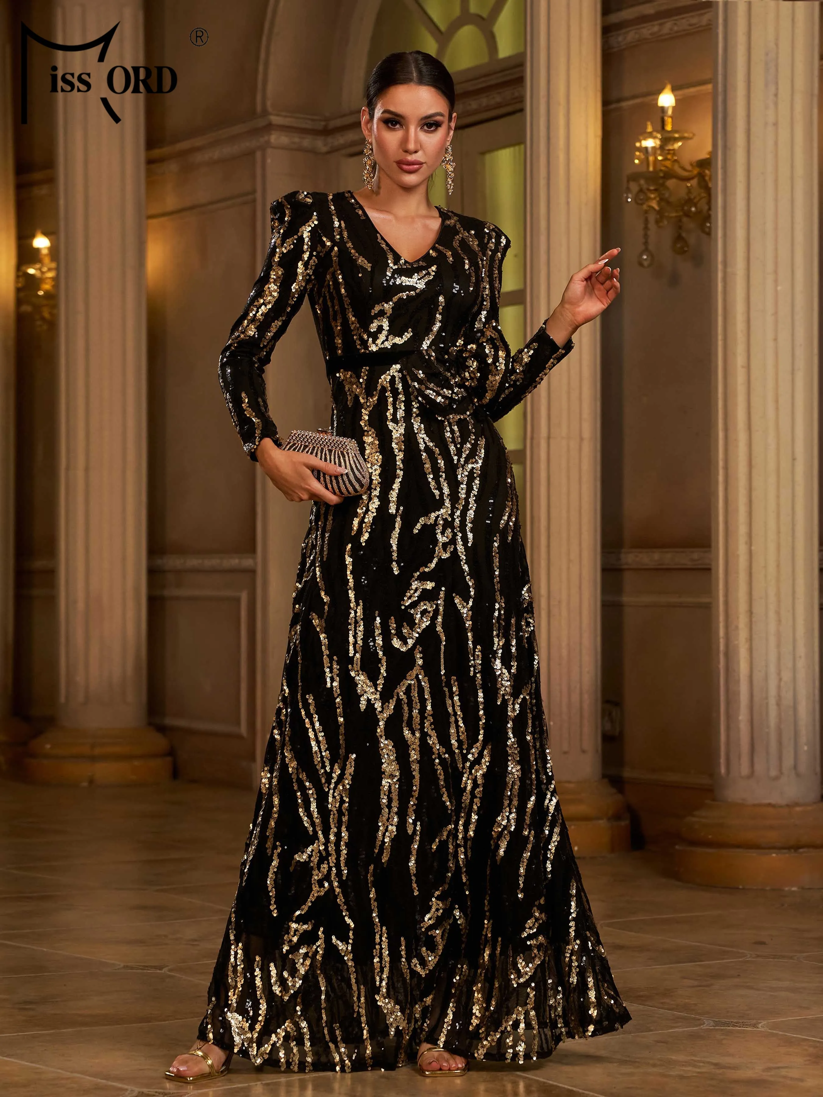 

Missord Новое вечернее платье с v-образным вырезом и длинными рукавами и пайетками для свадьбы, дня рождения, торжественного случая, коктейльные выпускные платья макси