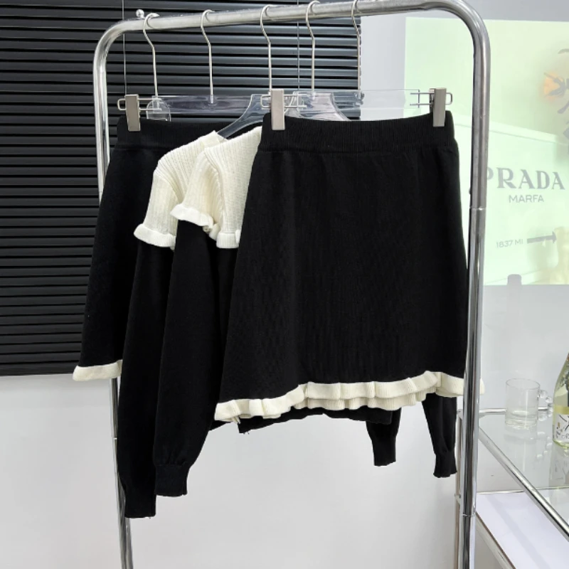 Jesienne czarne dzianinowe dwuczęściowe damskie Partchwork Vintage sweter kombinezon damskie casualowe koreańskie modne słodkie Mini zestaw spódnic