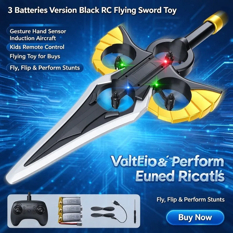 3 Batteries Version Black RC Flying Sword Toy, Gesture Hand Sensor Induction Aircraft, Kids Remote Control Flying Toy for Boys