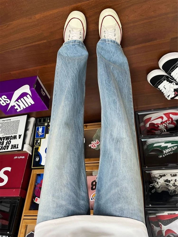 

Cleanfit Blue Lightning Pattern Jeans High Waist Straight Leg Micro Flared Pants Men's OOTD Casual High Street American Sle